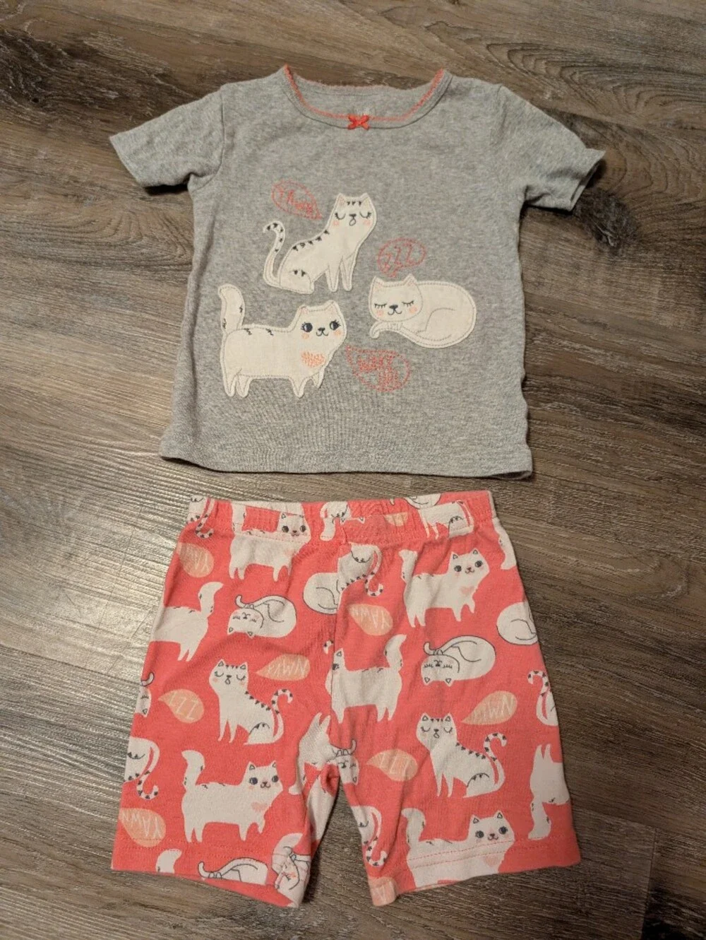Girls Cat Print Pajama Set - Gray Top & Coral Pink Shorts